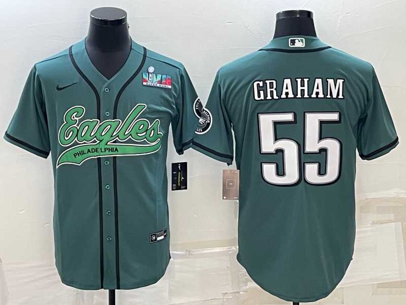 Mens Philadelphia Eagles #55 Brandon Graham Green With Super Bowl LVII Patch Cool Base Stitched Baseball Jersey